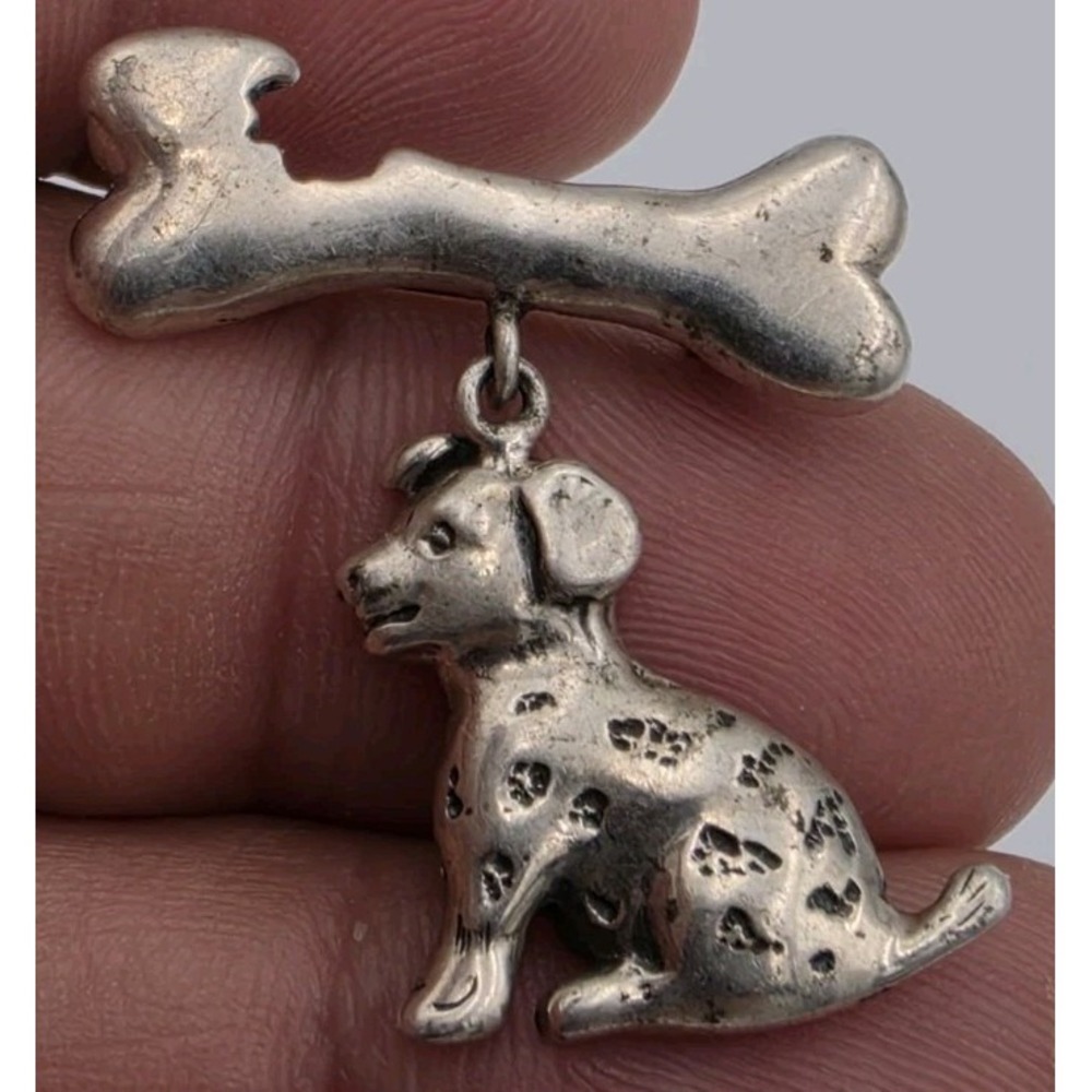 STERLING SILVER 925 Dalmatian Dog With Bone Brooch Dog Pin
